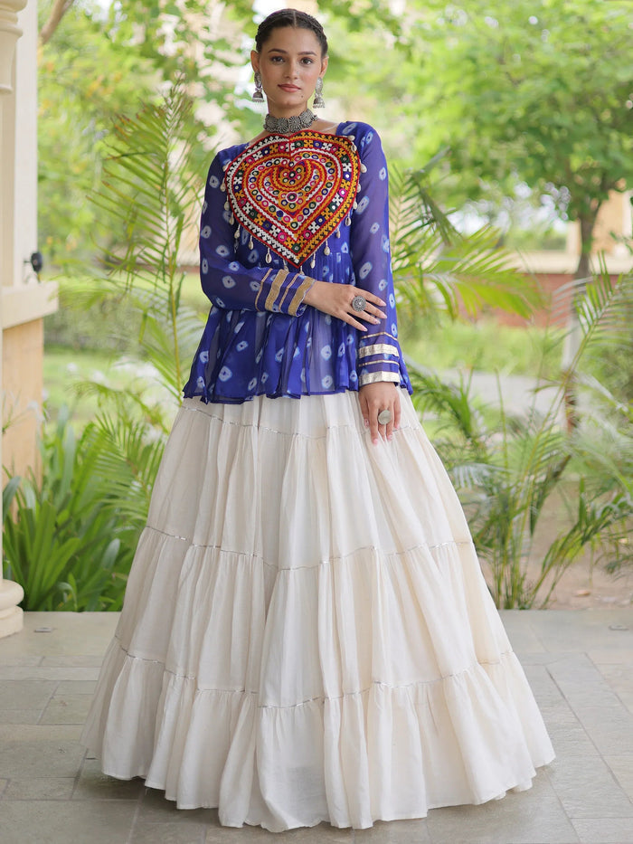 Royal Blue Cotton Navratri Wear Lehenga With Patch Work Peplum Top