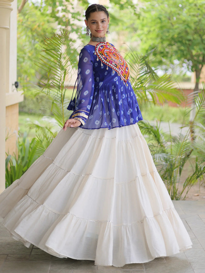Royal Blue Cotton Navratri Wear Lehenga With Patch Work Peplum Top