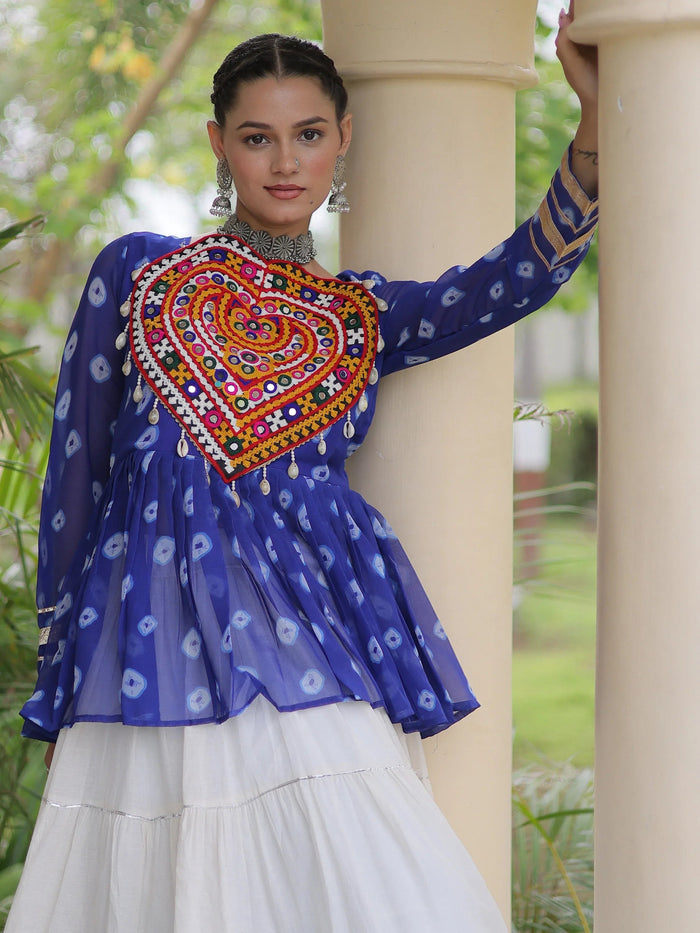 Royal Blue Cotton Navratri Wear Lehenga With Patch Work Peplum Top