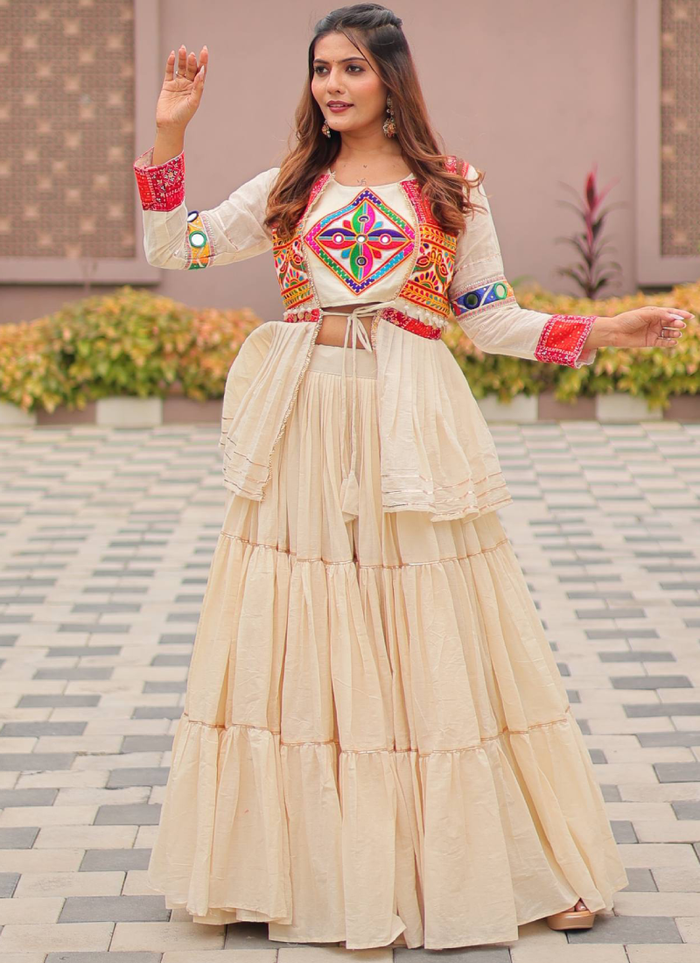 Ruffle Style Cotton Off White Navratri Special Lehenga Choli With Koti