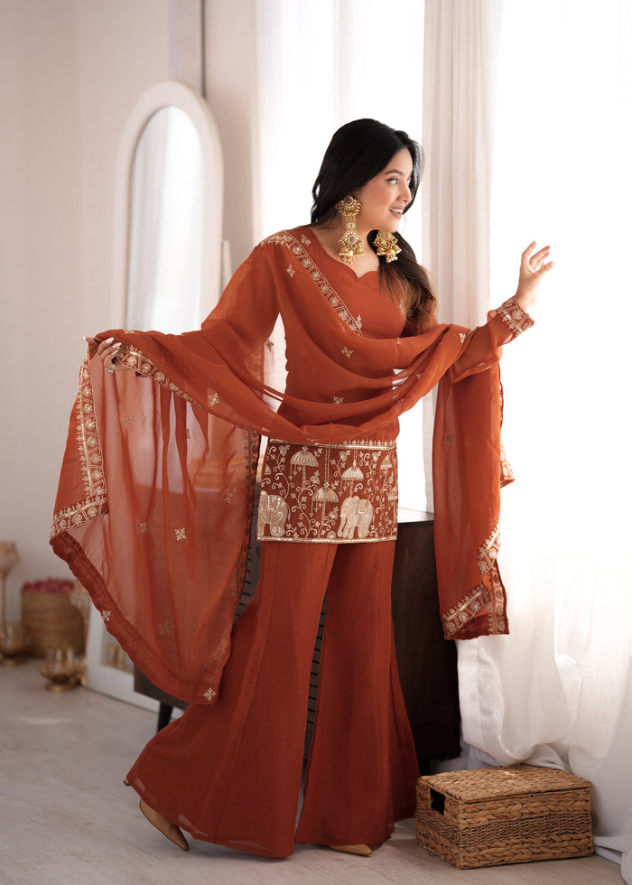 Rust Orange Color Crunchy Silk Embroidered Plazzo Suit
