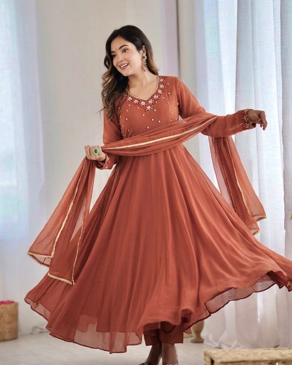 Rust Orange Color Georgette Three Piece Anarkali Suit