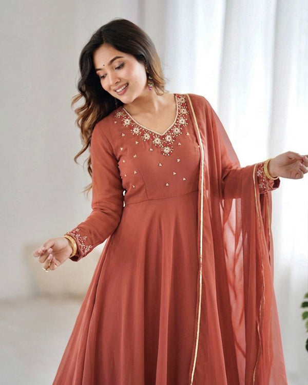 Rust Orange Color Georgette Three Piece Anarkali Suit