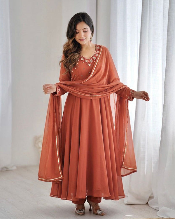 Rust Orange Color Georgette Three Piece Anarkali Suit