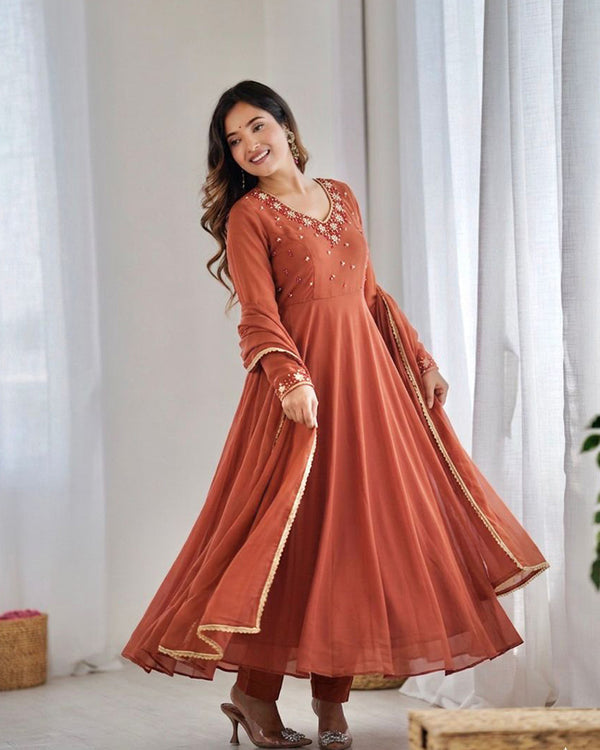 Rust Orange Color Georgette Three Piece Anarkali Suit