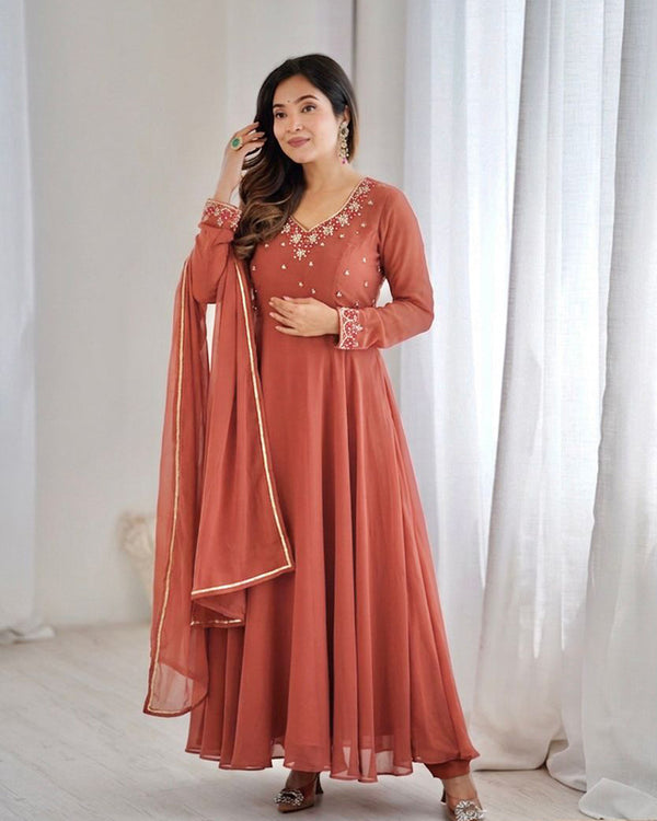 Rust Orange Color Georgette Three Piece Anarkali Suit