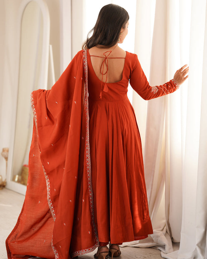 Rust Orange Color Roman Silk CHanderi Three Piece Anarkali Suit