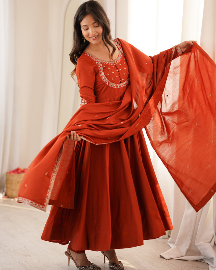 Rust Orange Color Roman Silk CHanderi Three Piece Anarkali Suit