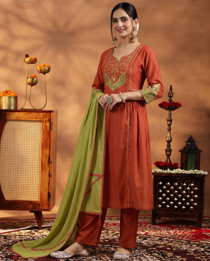 Rust Orange Embroidered Cotton A-Line Kurta Set for Women with Dupatta