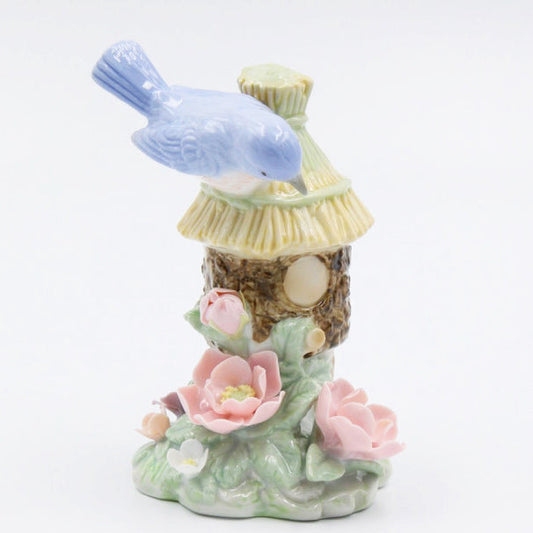 "Sale" Fine Porcelain Figurine - Bluebird on Birdhouse Pink Flower Garden 96302