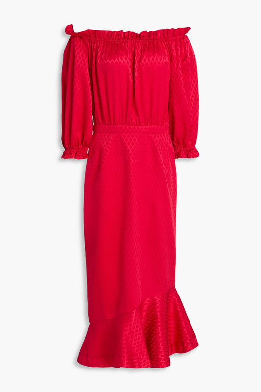 Saloni Grace Off The Shoulder Silk Satin Jacquard Midi Dress