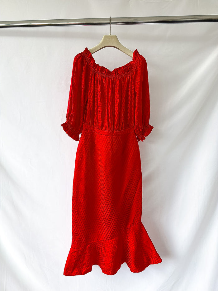 Saloni Grace Off The Shoulder Silk Satin Jacquard Midi Dress