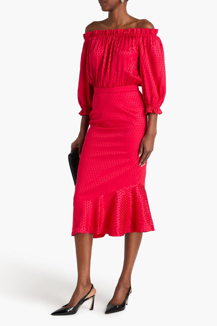 Saloni Grace Off The Shoulder Silk Satin Jacquard Midi Dress