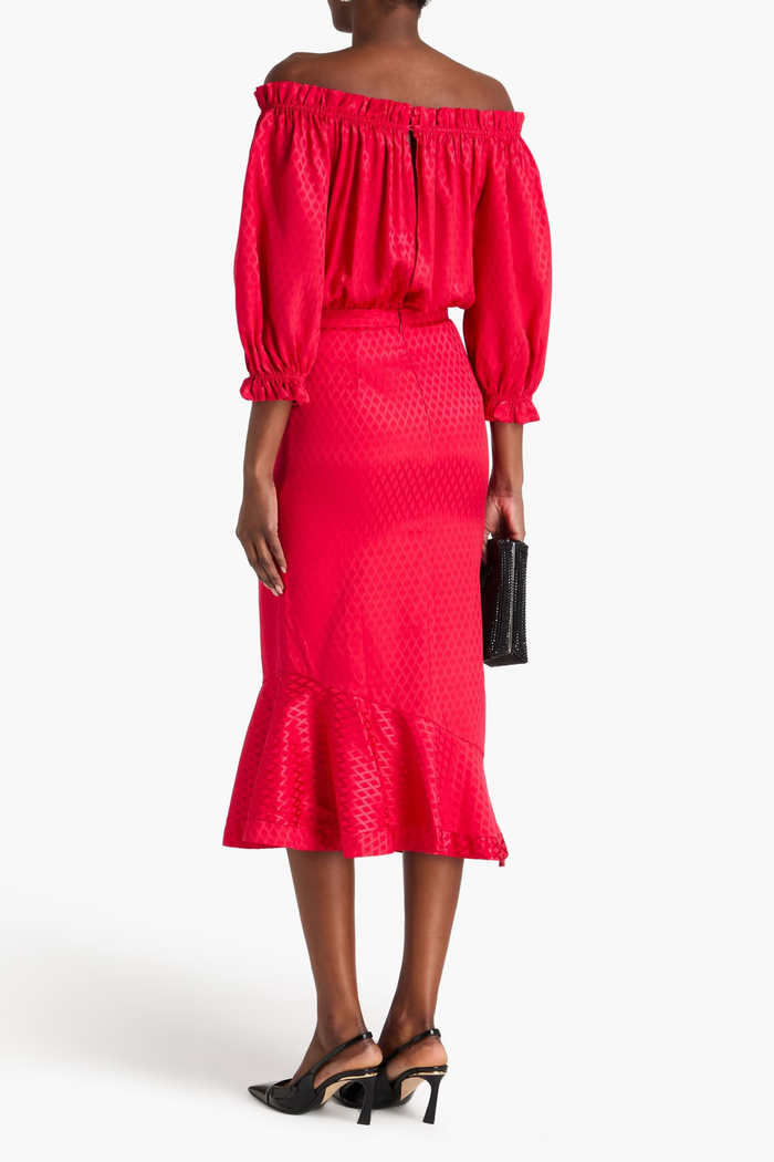 Saloni Grace Off The Shoulder Silk Satin Jacquard Midi Dress