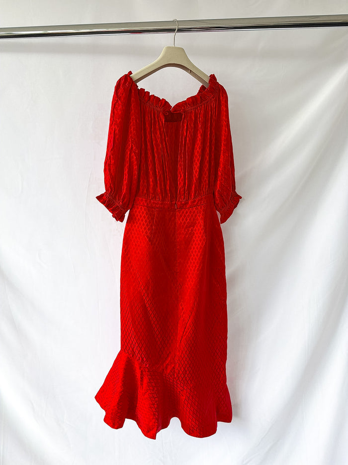 Saloni Grace Off The Shoulder Silk Satin Jacquard Midi Dress