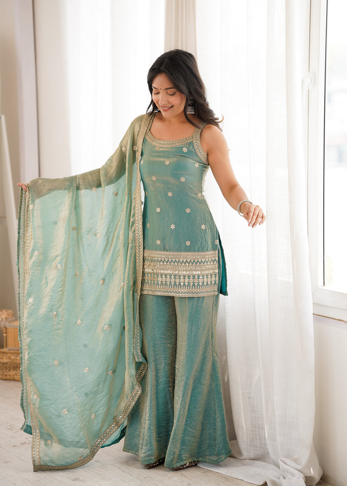 Sea Green Color Fendi Silk Embroidered Plazzo Suit