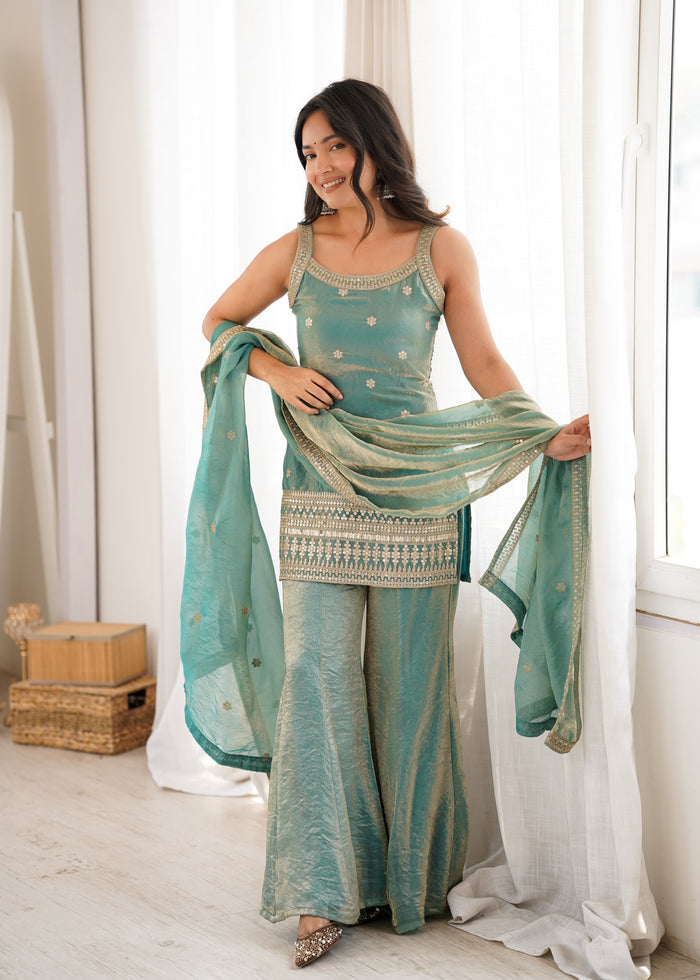 Sea Green Color Fendi Silk Embroidered Plazzo Suit