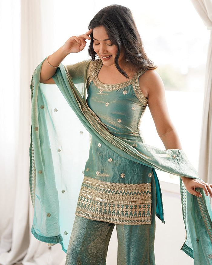 SEA GREEN COLOR FENDI SILK EMBROIDERED PLAZZO SUIT