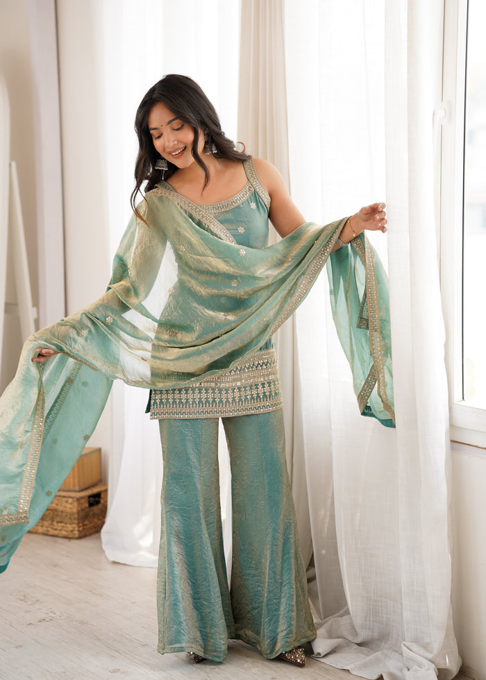 Sea Green Color Fendi Silk Embroidered Plazzo Suit