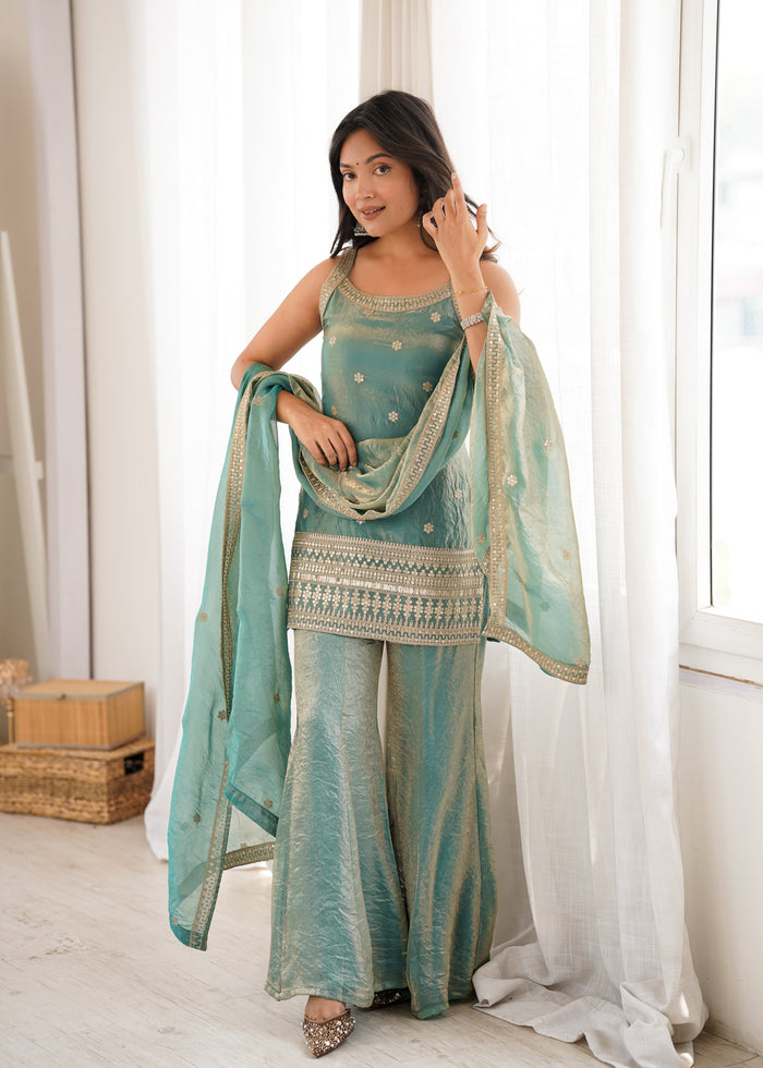 Sea Green Color Fendi Silk Embroidered Plazzo Suit