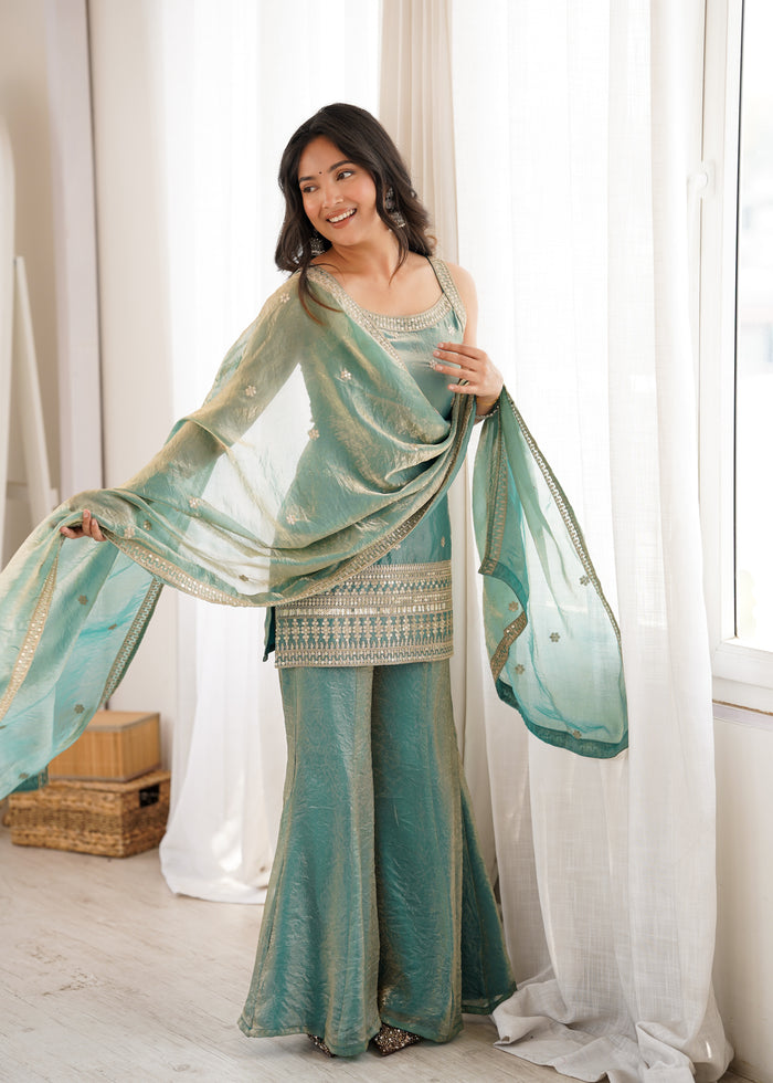 Sea Green Color Fendi Silk Embroidered Plazzo Suit