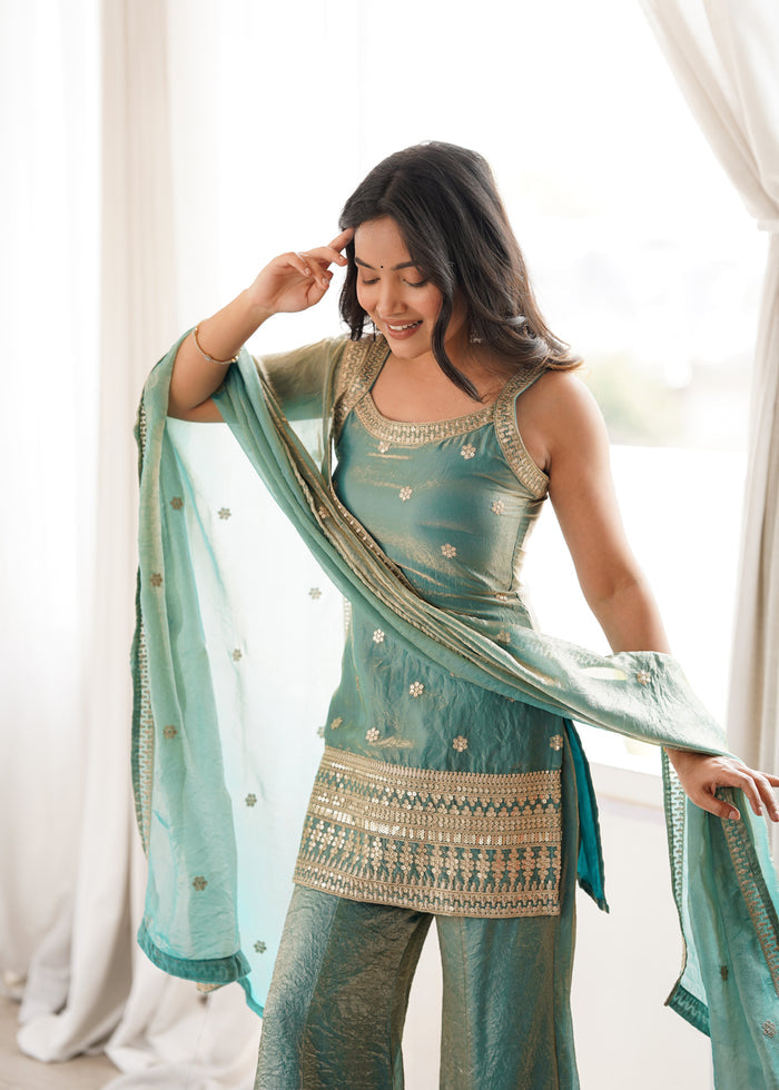 Sea Green Color Fendi Silk Embroidered Plazzo Suit