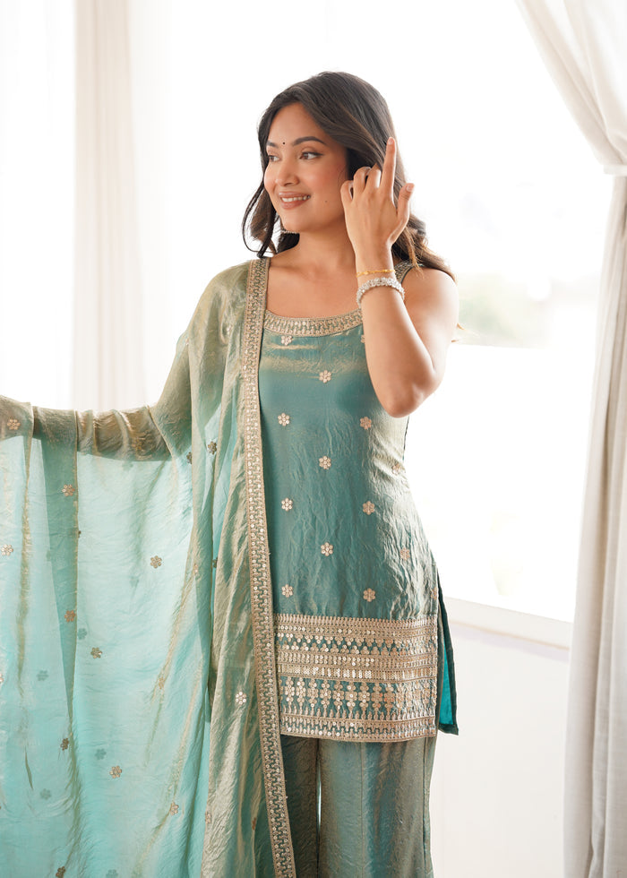 Sea Green Color Fendi Silk Embroidered Plazzo Suit