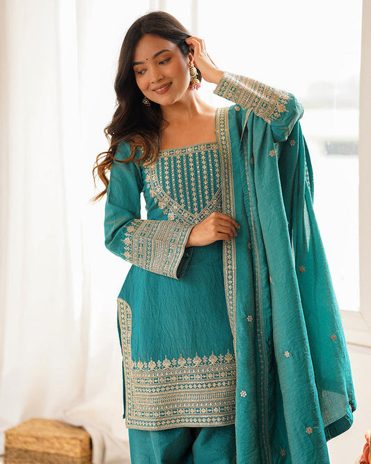 SEA GREEN COLOR NC VICHITRA SILK FARSHI SALWAR SUIT
