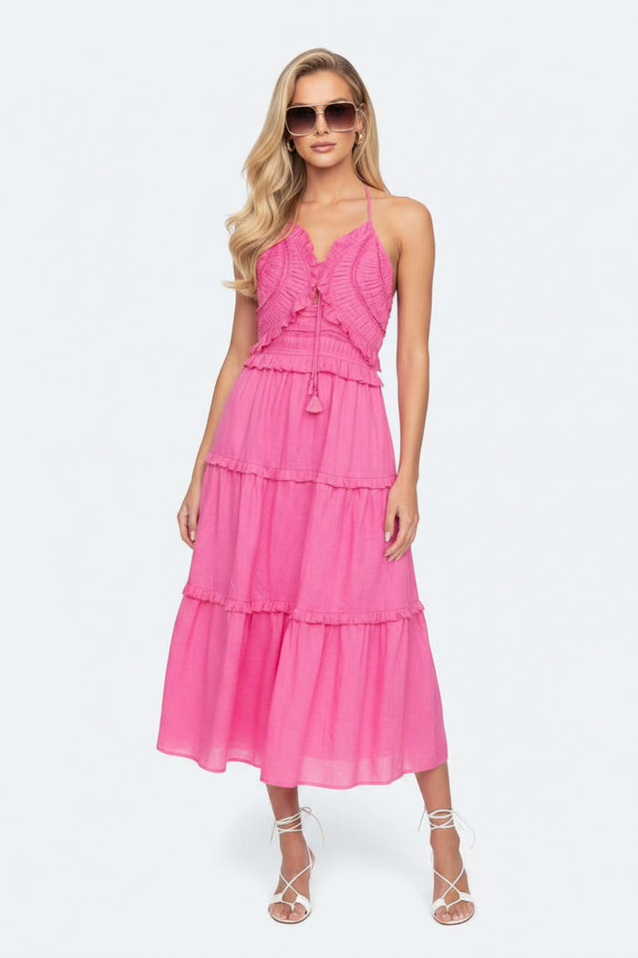 Sea New York Pink Cole Smocked Halterneck Ramie Dress