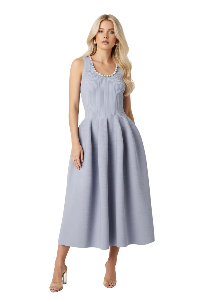 Self-Portrait Light Blue Crystal Embellished Ribbed Stretch Knit Midi Dress