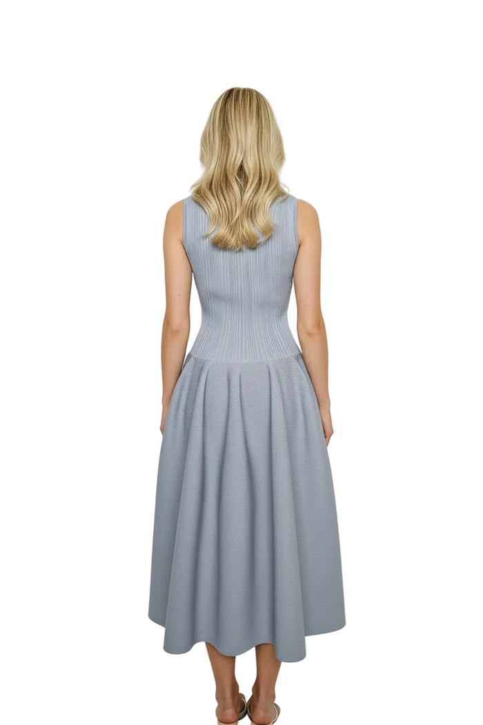 Self-Portrait Light Blue Crystal Embellished Ribbed Stretch Knit Midi Dress