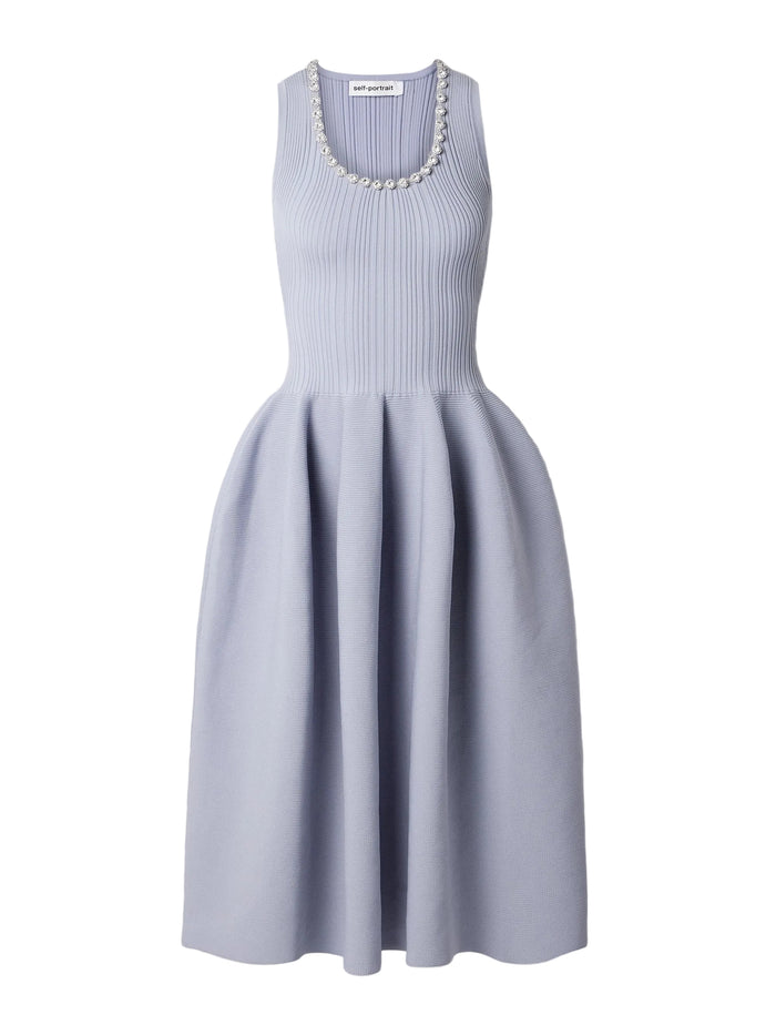 Self-Portrait Light Blue Crystal Embellished Ribbed Stretch Knit Midi Dress