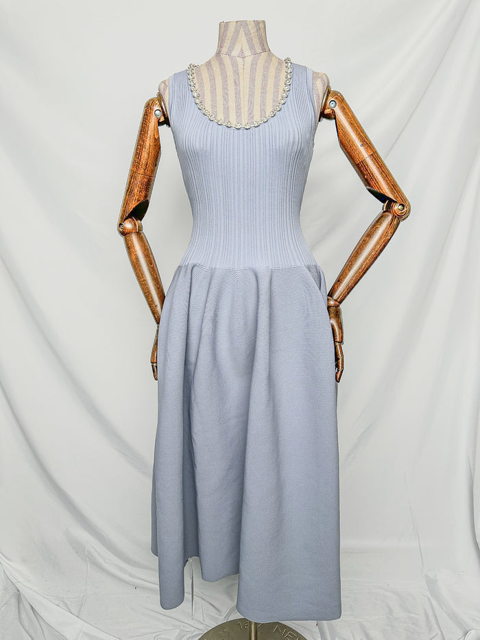 Self-Portrait Light Blue Crystal Embellished Ribbed Stretch Knit Midi Dress