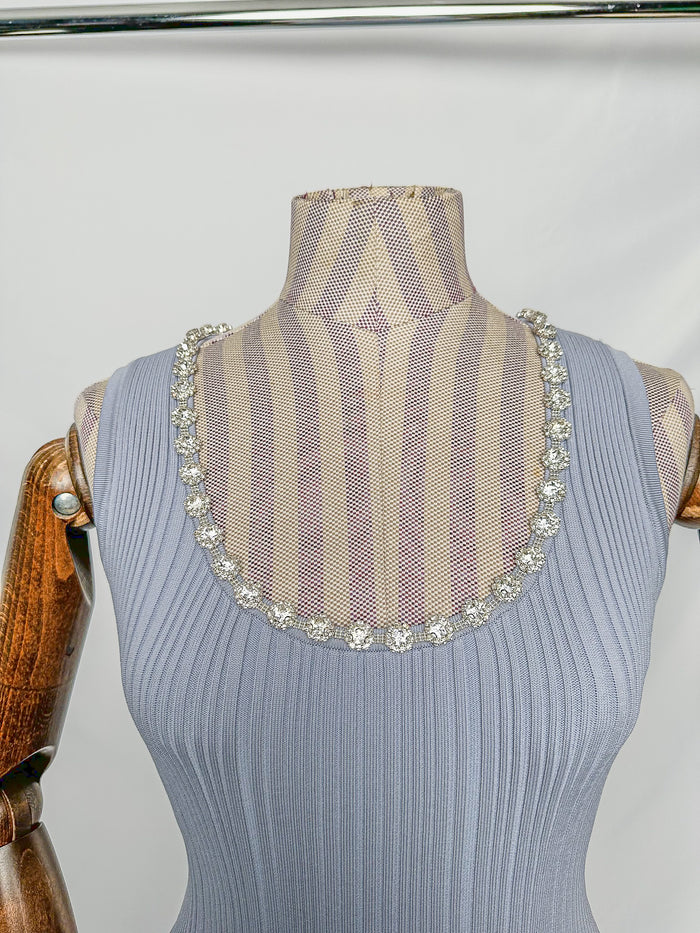 Self-Portrait Light Blue Crystal Embellished Ribbed Stretch Knit Midi Dress