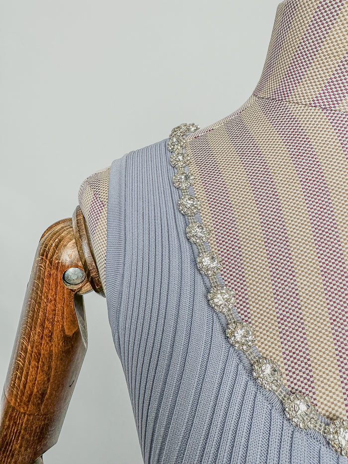 Self-Portrait Light Blue Crystal Embellished Ribbed Stretch Knit Midi Dress