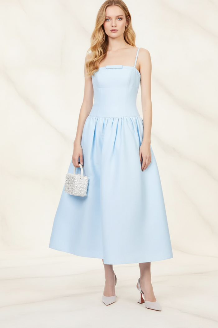 Self-Portrait Powder Blue Bow Detail Taffeta Flared Dress