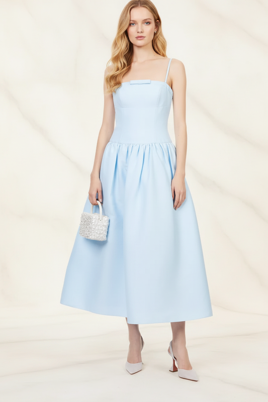 Self-Portrait Powder Blue Bow Detail Taffeta Flared Dress