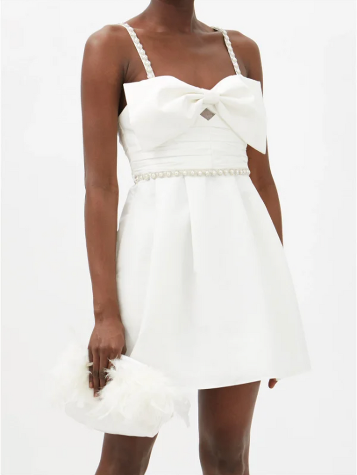 SELF-PORTRAIT White Bow Front Pearl and Crystal Embellished Taffeta Mini Dress - House Of Huntington