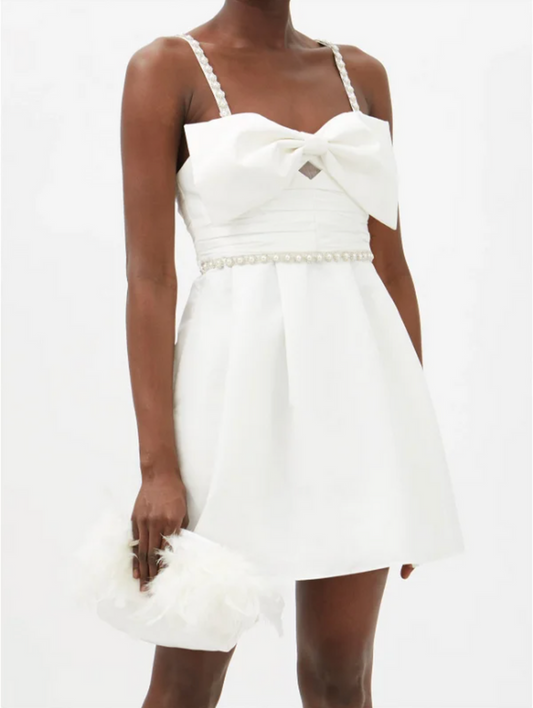 SELF-PORTRAIT White Bow Front Pearl and Crystal Embellished Taffeta Mini Dress - House Of Huntington
