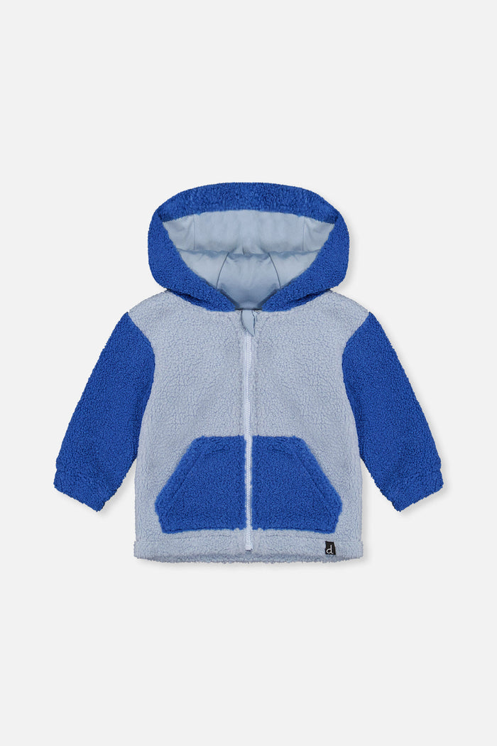 Deux par Deux baby boy sherpa hooded jacket in two-tone blue, front view