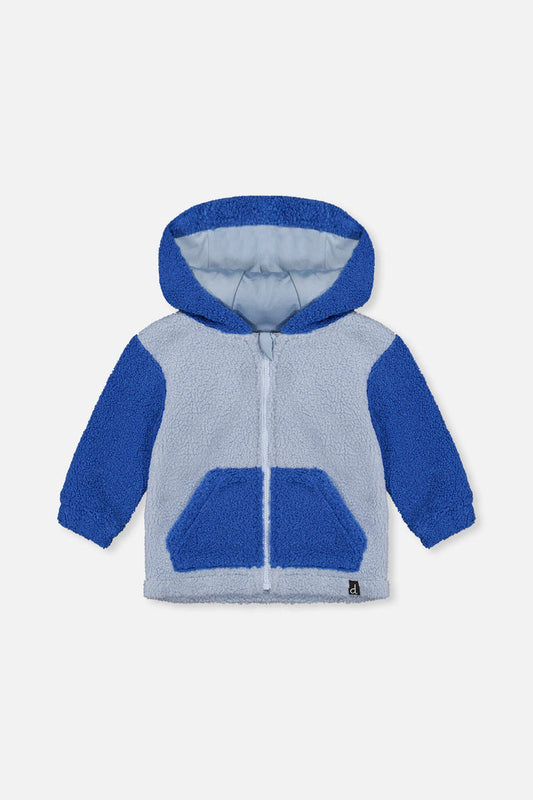 Deux par Deux baby boy sherpa hooded jacket in two-tone blue, front view