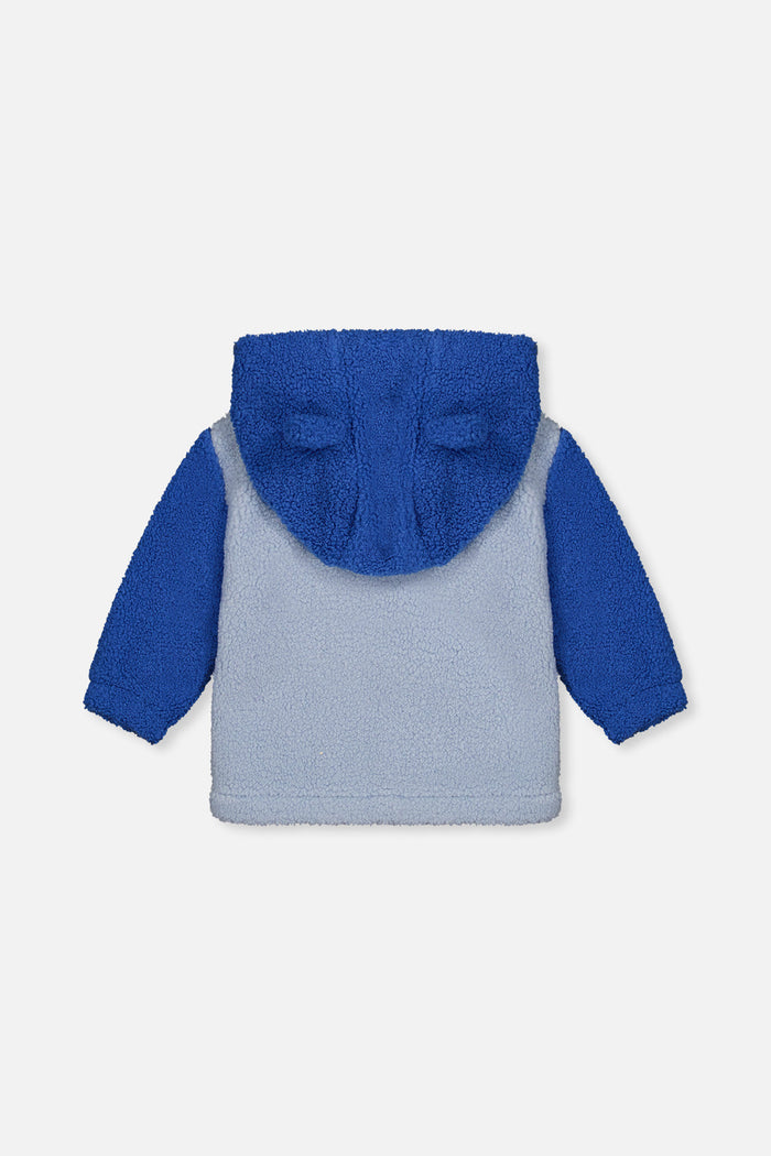 Deux par Deux baby boy blue sherpa hooded jacket, back view