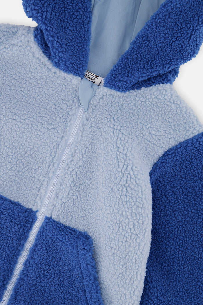 Deux par Deux baby boy blue sherpa hooded jacket, detail view 1
