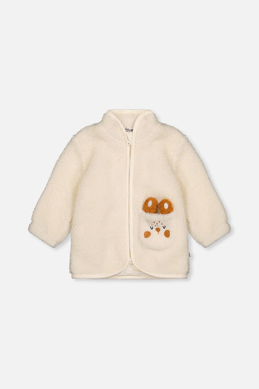 Deux par Deux baby boys off-white sherpa jacket with bunny chest pocket, front view