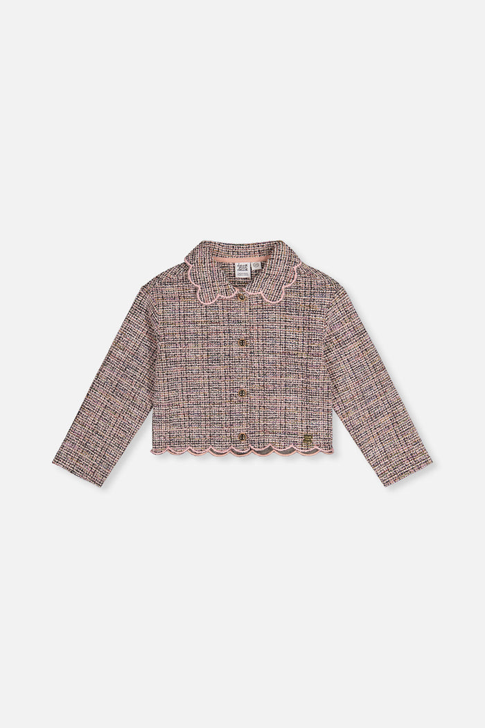 Deux par Deux girls' cropped pink and black jacquard knit jacket, front view
