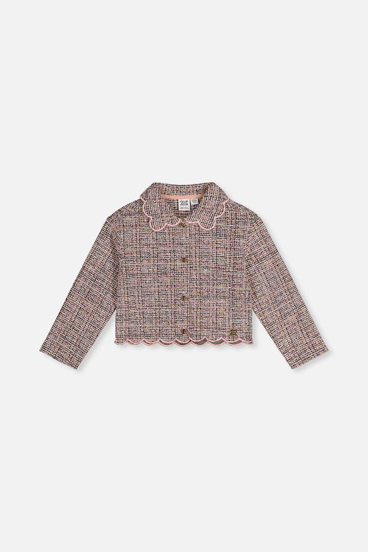 Deux par Deux girls' cropped pink and black jacquard knit jacket, front view