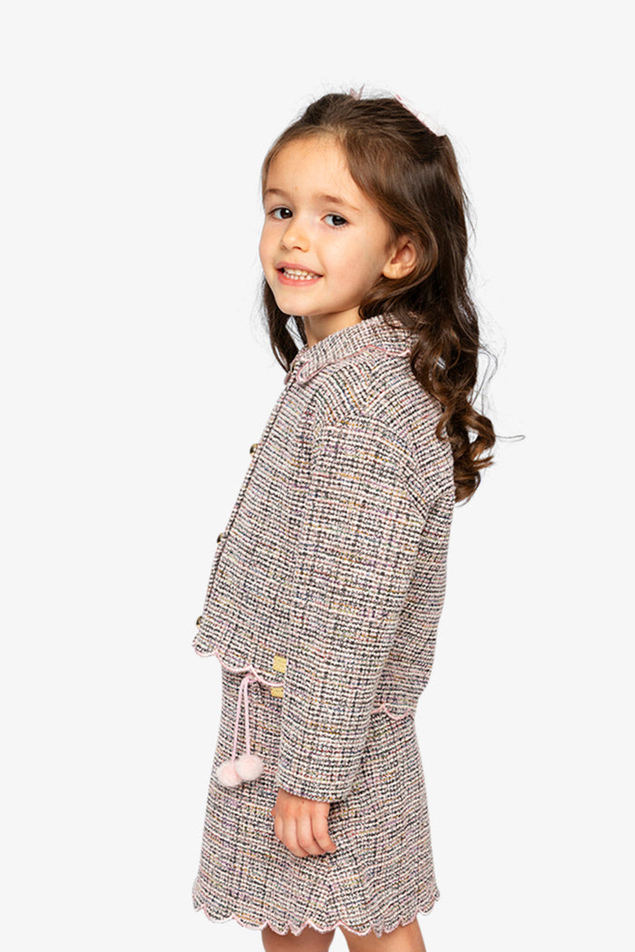 Girl wearing the Deux par Deux pink and black knit jacket, lookbook photo 2