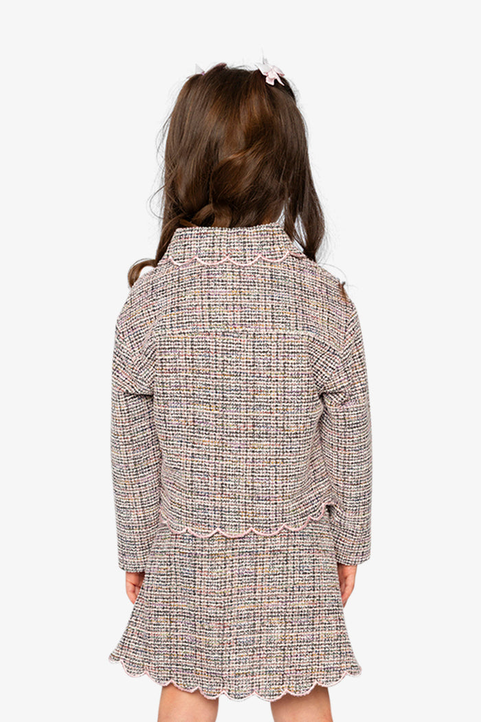 Girl wearing the Deux par Deux pink and black knit jacket, lookbook photo 3
