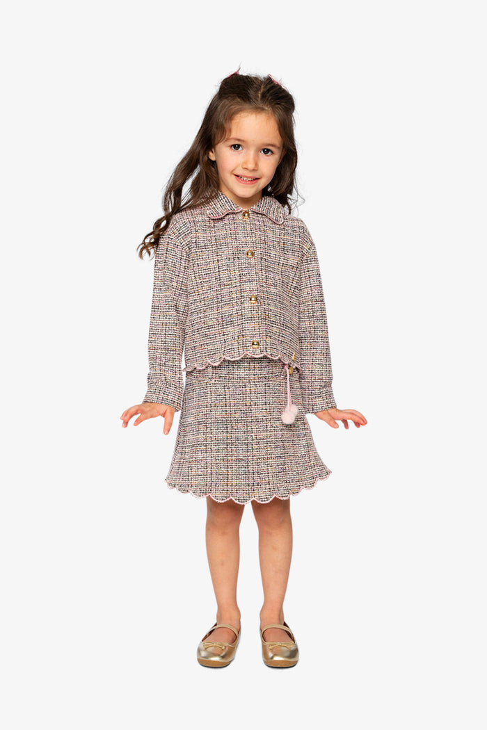 Deux par Deux girls' pink and black jacquard knit jacket, full outfit view