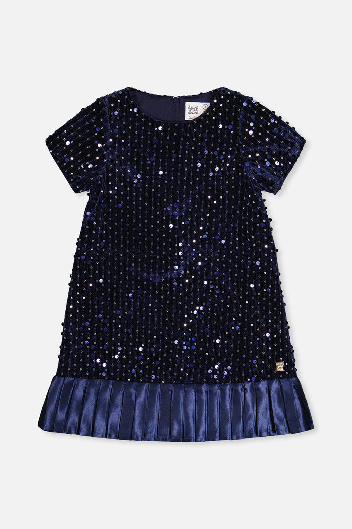 Deux par Deux girls' dark blue sparkle velour A-line dress with short sleeves, front view